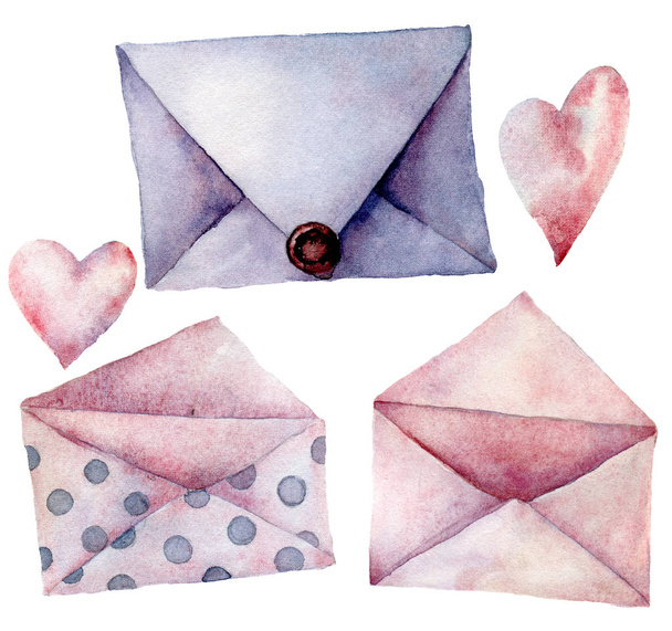 Watercolor envelope set. Hand painted pink, violet and polka dot envelopes isolated on white background. Vintage mail icon. Design elements for print, background. - Фото, изображение