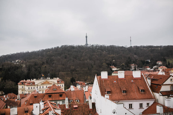 City of Prague with red roofs and Church in fog. City view of Praha old city. Rustic grey colors toning. - Photo, image