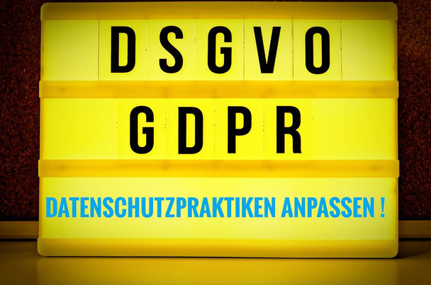 Lightbox with the inscription DSGVO and GDPR (General Data Protection Regulation) in English GDPR (General Data Protection Regulation) and the inscription on privacy practices in English: Customize privacy practices - Photo, Image