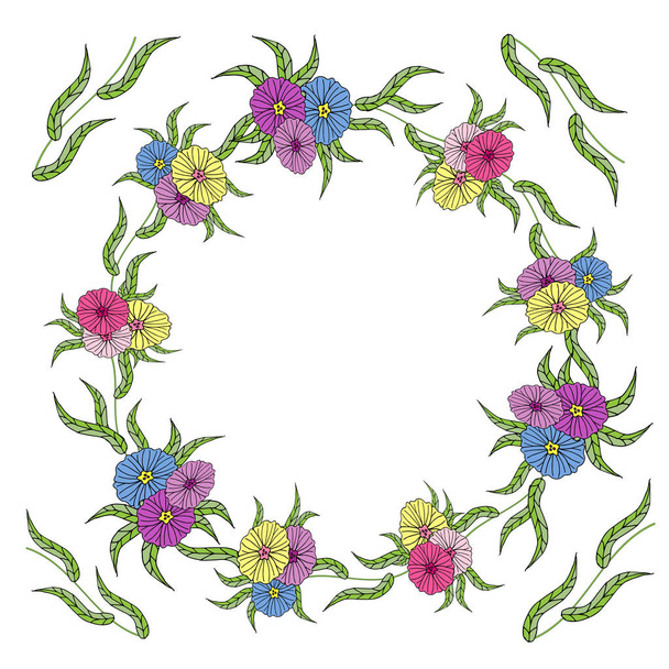 Beautiful round wreath of colorful bright flowers and leaves, made in the style of dudling - Vektor, obrázek
