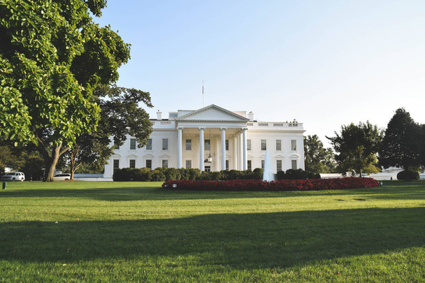 日没、ワシントン DC、米国で木とホワイト ・ ハウス - 写真・画像