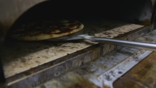Koch zieht die fertige Pizza aus dem Ofen - Filmmaterial, Video