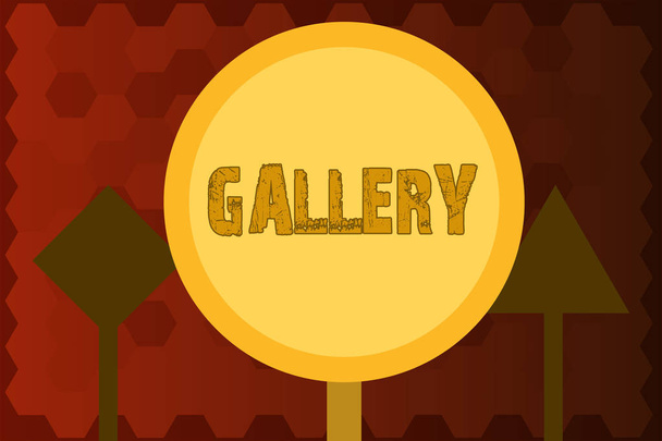 Text sign showing Gallery. Conceptual photo Room Building Display Sale works of art Exhibition Museum wall - Photo, Image