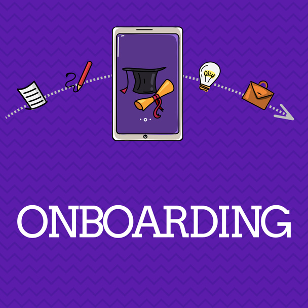 A kézírás szöveg Onboarding. Koncepció, azaz cselekvési folyamat egy új alkalmazott integrálása a szervezet - Fotó, kép