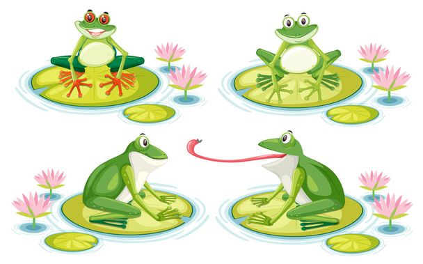 Set of frog on lotus pad illustration - Vector, Image
