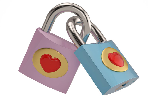 A couple of locked hearts isolated on white background 3D illustration. - Zdjęcie, obraz