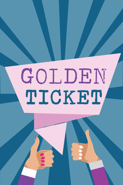 Writing note showing Golden Ticket. Business photo showcasing Rain Check Access VIP Passport Box Office Seat Event Man woman hands thumbs up approval speech bubble rays background. - Photo, Image