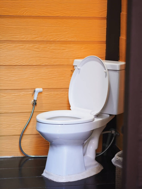 white toilet bowl against orange wooden wall tiles on wood floor in bathroom. Restroom interior looked through the door. - Foto, afbeelding