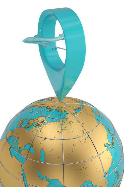 Büyük harita noktası uçak ve küre 3d çizim ile - Fotoğraf, Görsel