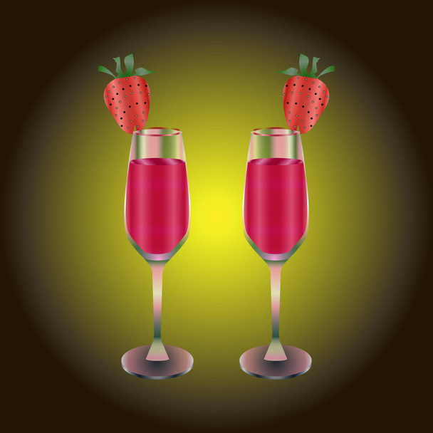 Dos copas de vino con bebida y fresa. Vino tinto o zumo de fruta y fresa. Ilustración vectorial. Vacaciones temáticas, estilo de vida saludable. Para bar, restaurante, cafetería, cubierta, folleto, folleto, pancarta
 - Vector, Imagen