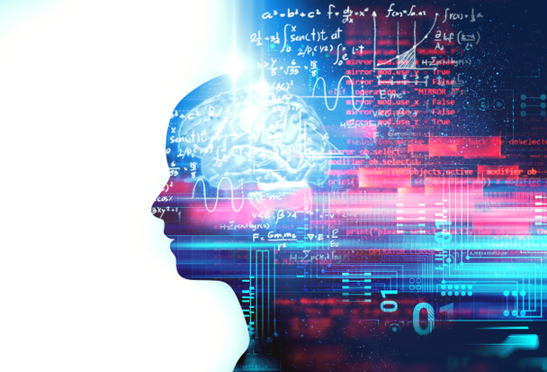 silhouette d'humain virtuel sur des équations manuscrites illustration 3D, représenter artificielle
 - Photo, image