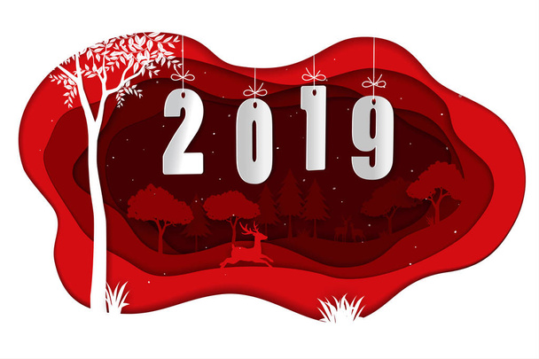 Happy new year 2019 with deers in winter season on red paper art background,vector illustration - Vector, Image