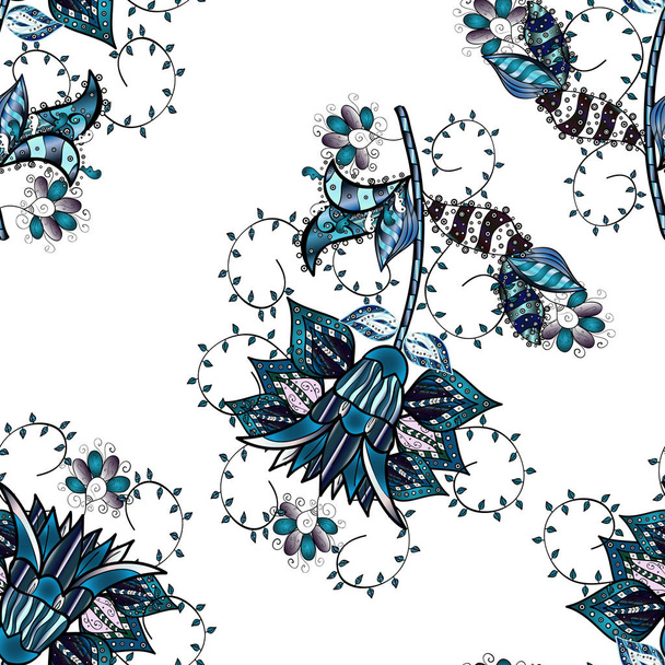 Blüten auf weißen, blauen und schwarzen Farben. Vektorflorales Muster im Doodle-Stil mit Blumen. sanfter, frühlingshafter blumiger Hintergrund. - Vektor, Bild