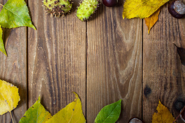 wooden background with leaves and chestnuts autumn style - Photo, Image