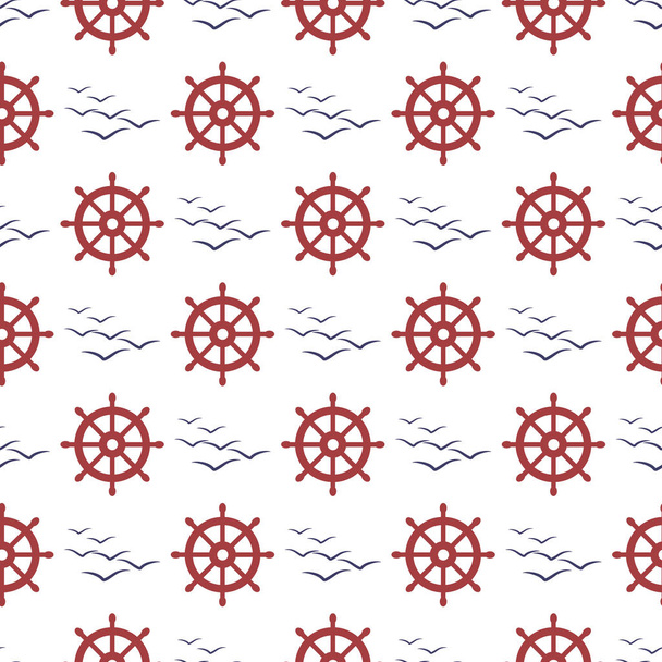 Nautical seamless pattern with wheel and birds. - Διάνυσμα, εικόνα