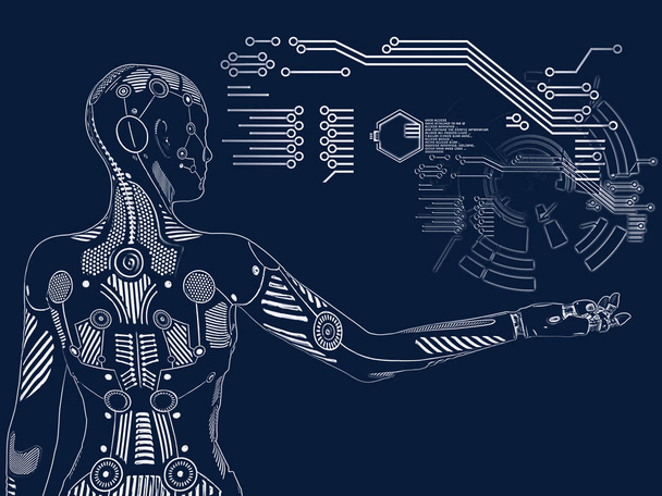 3D-Rendering-Illustration einer Roboterfrau, die mit dem Rücken zur Kamera steht und ihren Arm ausstreckt. Zukunftsweisendes digitales Konzept. - Foto, Bild