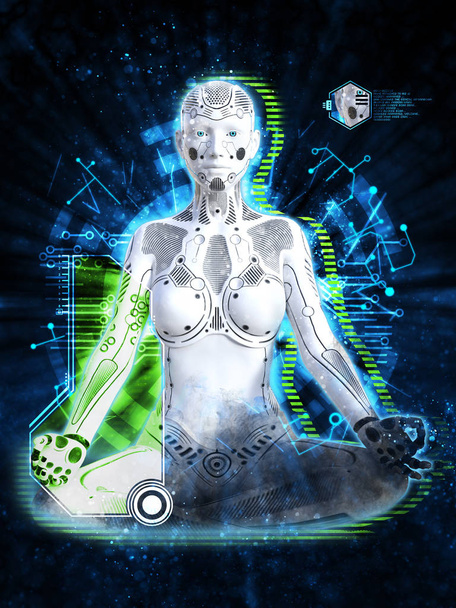 3D rendering of a robot woman sitting in space and meditating. Futuristic digital technology concept. - Photo, Image