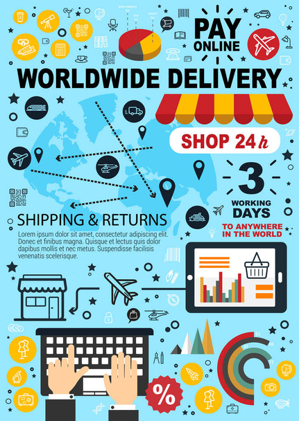 Zakupy online, e-commerce płatności i dostawy - Wektor, obraz