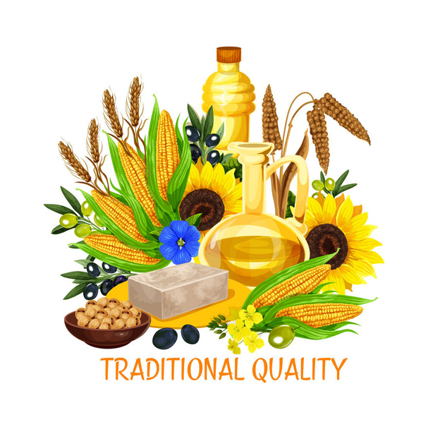 Natural cooking oil and butter, vegetable plant seeds and nuts, cooking and salad dressing. Vector coconut butter, oil bottle from peanut or hazelnut and extra virgin olive or sunflower - Vector, Image