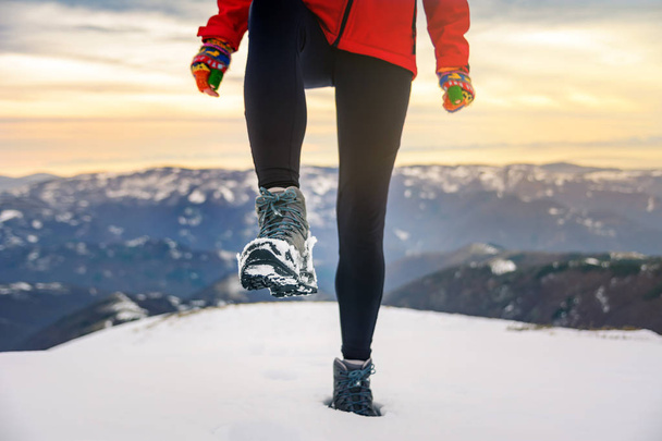 Persona de senderismo en la cima de la montaña cubierta de nieve vista de ángulo bajo
 - Foto, imagen