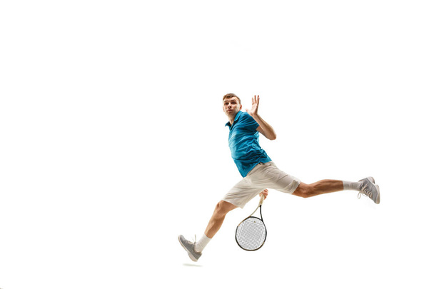 one caucasian man playing tennis player isolated on white background - Photo, Image