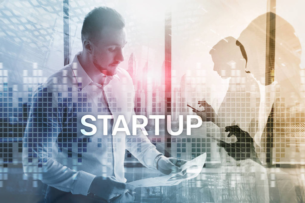 Startup concept with double exposure diagrams blurred background. - Foto, imagen