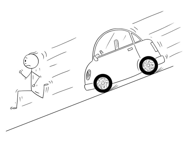 Kreskówka mężczyzna prowadzący w dół wzgórza od samochodu ruchu niekontrolowane bez sterownika - Wektor, obraz