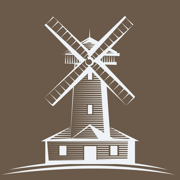 Старая деревянная мельница, логотип или этикетка мельницы. Сельское хозяйство концепция резьбы ручной работы значок стиля. Векторная иллюстрация
 - Вектор,изображение
