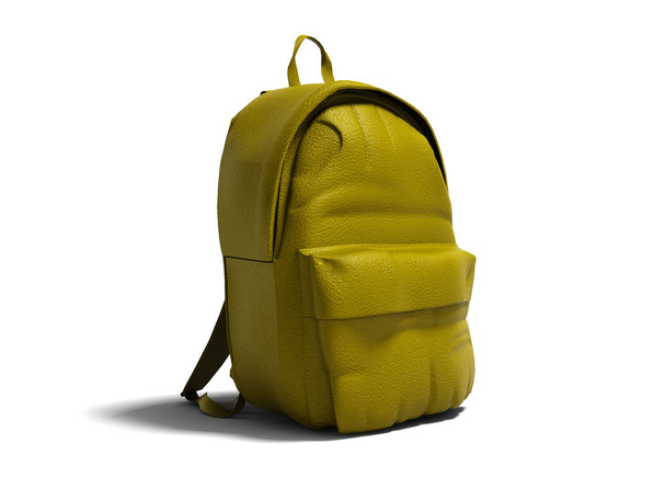 Nowoczesne żółty skórzany plecak w szkole dla dzieci i młodzieży po lewej stronie widoku 3d renderowania na białym tle z cieniem - Zdjęcie, obraz