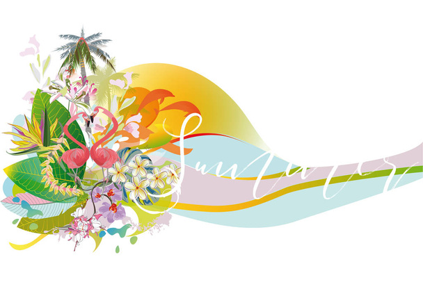 Background with summer flowers and sea beach. - Vector, Image