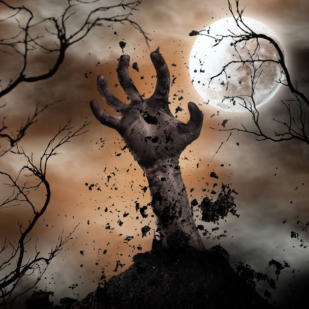 Gruseliger Halloween-Hintergrund mit Zombie-Hand. - Foto, Bild