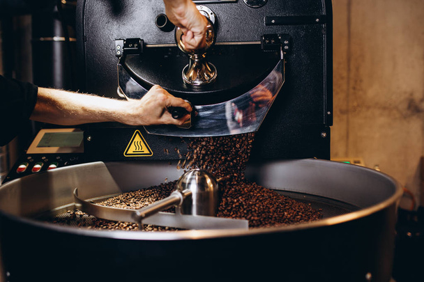 冷却シリンダーに大きいコーヒー豆を炒るから注ぐ新鮮なローストのコーヒー豆. - 写真・画像