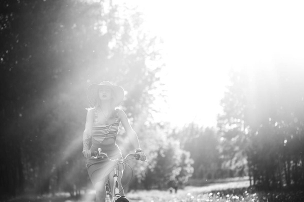 Silhouette of girl driving bicycle outdoor. Sunny summer lifestyle concept. Woman in dress and hat in Field with dandelions. Female ride in park. Light effect for text. Copyspace for design. BW photo - Fotoğraf, Görsel