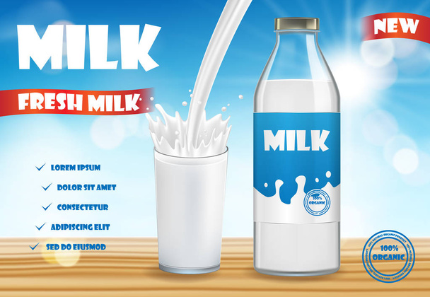 Láhev mléka a skla s úvodní izolované na pozadí bokeh na dřevěný stůl. mléčné výrobky balíček design. mléčné vektorové ilustrace - Vektor, obrázek