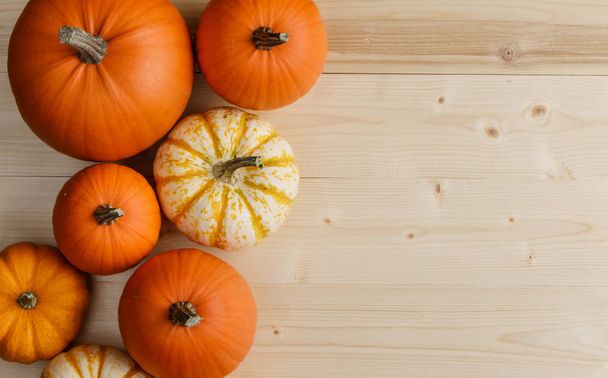 Many orange pumpkins on wooden background , Halloween concept , top view with copy space - 写真・画像