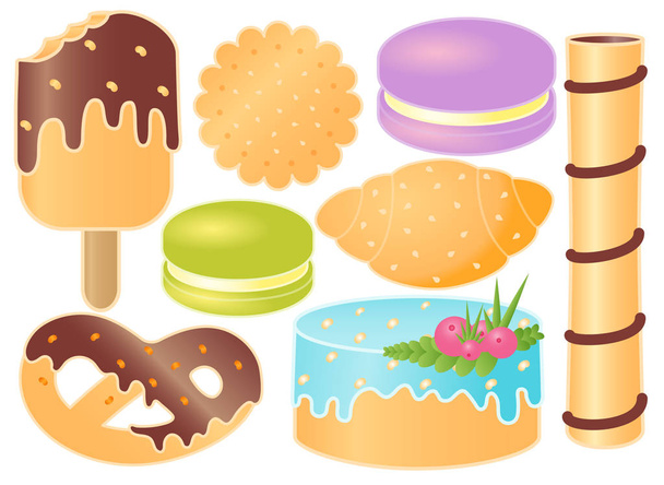 お菓子のセットです。クロワッサン、プレッツェル、カップケーキ、アイスクリーム、マカロン、甘いステーキ、クッキー. - ベクター画像