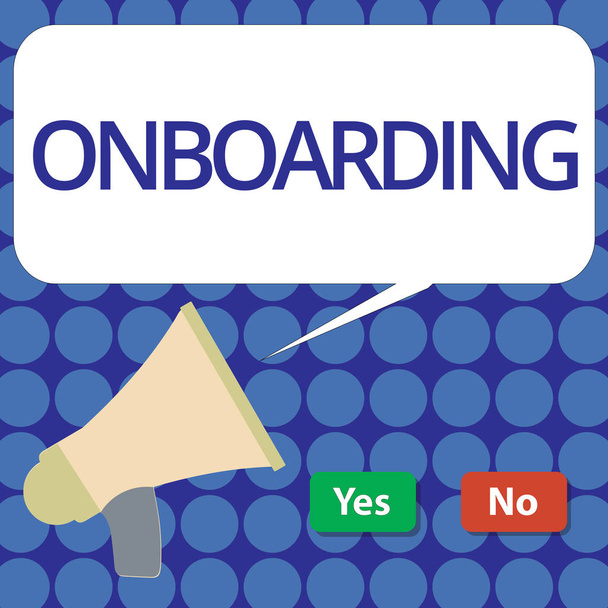 Γράφοντας κείμενο λέξη Onboarding. Επιχειρηματική ιδέα για διαδικασία δράσης της ενσωμάτωσης ενός νέου υπαλλήλου σε μια οργάνωση - Φωτογραφία, εικόνα