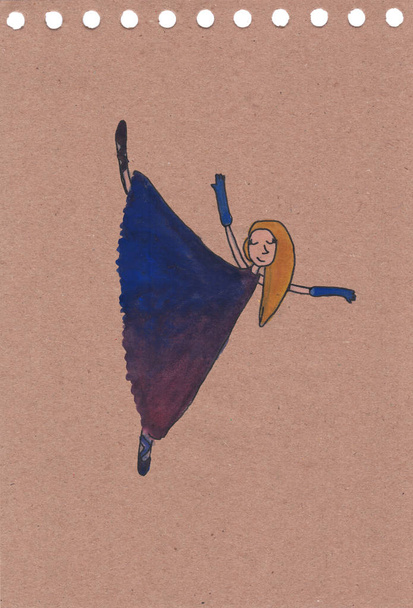 Farbzeichnung. Mädchen in blauem Kleid auf Bastelpapier Hintergrund. - Foto, Bild