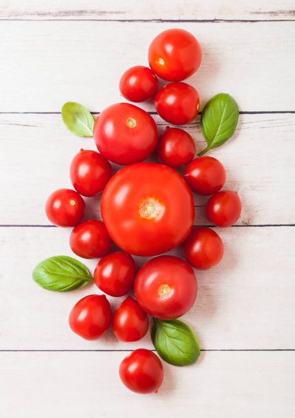 Organic Tomatoes on the Vine with basil on white kitchen woden background - Foto, Imagem