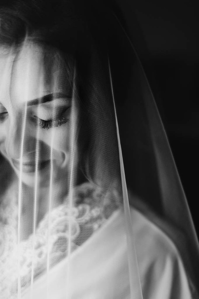Prachtige mooie bruid glimlachend in zijde gewaad onder de sluier, die zich voordeed bij raam in zacht licht. Gelukkig stijlvolle bruid met perfecte make-up en glimlach. Bruids ochtend - Foto, afbeelding