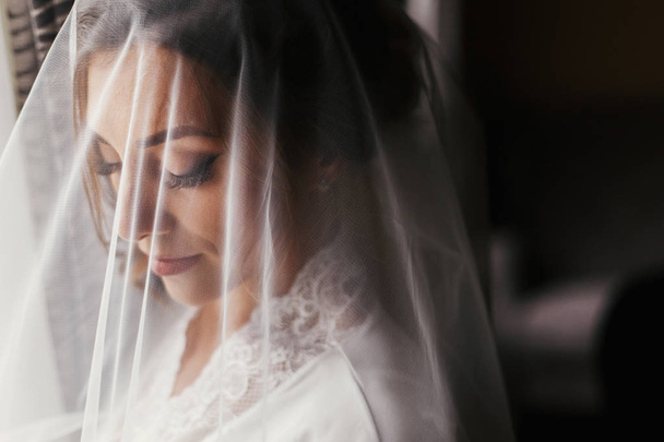 Úžasná krásná nevěsta v roucho pod závojem pózuje u okna v rozptýleném světle. Happy stylový nevěsty s úsměvem a dokonalý make-up. Svatební ráno - Fotografie, Obrázek
