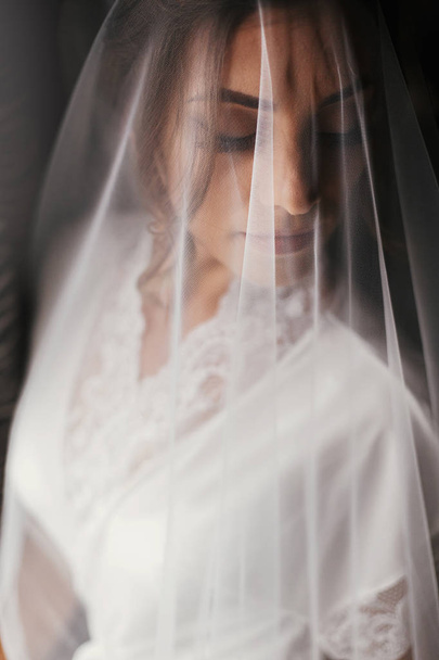 柔らかな光のウィンドウでポーズのベールの下でシルクのローブで豪華な美しい花嫁。完璧なメイクを笑顔で幸せなスタイリッシュな花嫁。ブライダルの朝 - 写真・画像