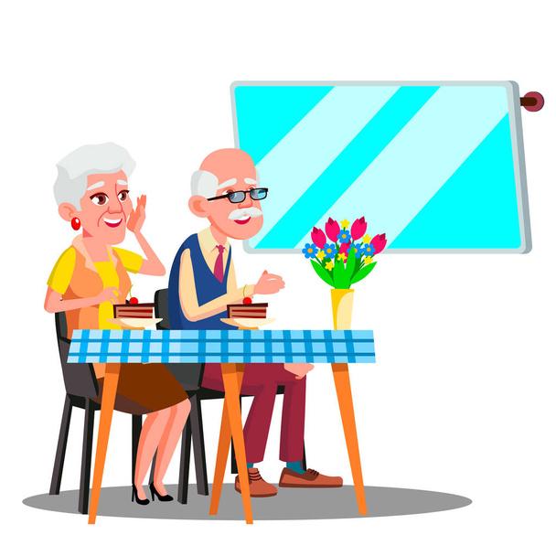 Happy Elderly Couple Sitting In Cafe And Watching In Digital Screen Vector. Isolated Illustration - Vector, Image