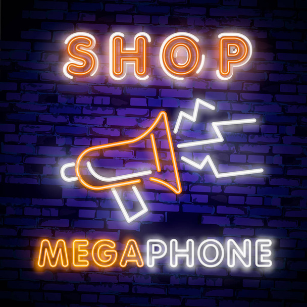 Megaphone neon light icon. Support service glowing sign. - Vecteur, image