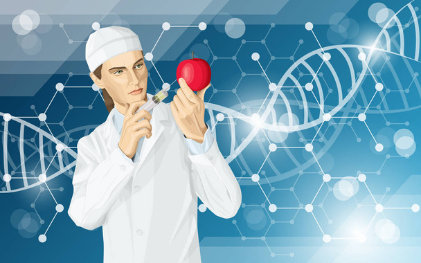 ベクターの科学者の女性は、gmo の注入を行います。医師のイラストはリンゴに遺伝子組み換え作物の変更 - ベクター画像