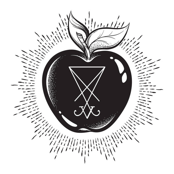 Yasak meyve elma bilgi o sigil, Lucifer ile üzerinden elle çizilmiş hat sanat ve nokta iş vektör illüstrasyon izole. Etiket, Yazdır veya siyahişi flash dövme tasarım - Vektör, Görsel