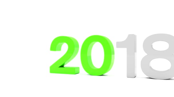 3d video animation of the years 2018 and 2019 in green and silver over white background. The number 19 meets the number 18 and the 18 is destroyed - represents the new year 2019. - Footage, Video