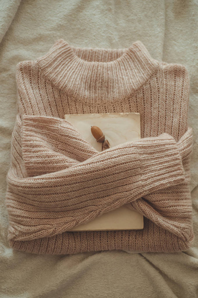 sweater hugs the book. On the book decor acorn. Read, Rest. Cozy autumn or winter concept - Photo, Image