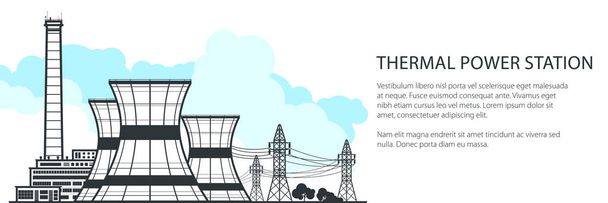 Thermische elektriciteitscentrale Banner, nucleaire installaties en tekst, kernreactor en elektrische leidingen, vectorillustratie - Vector, afbeelding