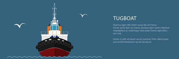 Front View of the Vessel Tugboat and Text, Push Boat Banner, Tow Boat for to Towage and Mooring of Other Courts , Vector Illustration - Vector, Image